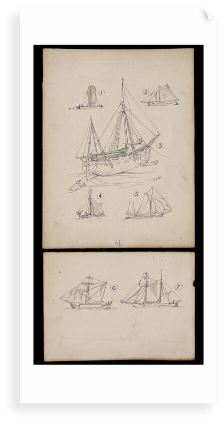 Seven illustrations on two cards regarding article on 'Trows ' in Mariner's Mirror by Robert Morton Nance