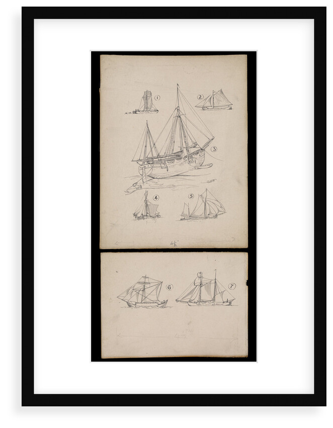 Seven illustrations on two cards regarding article on 'Trows ' in Mariner's Mirror by Robert Morton Nance