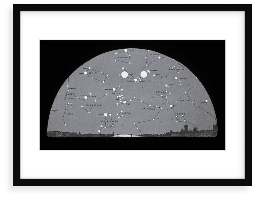 Astronomical black and white glass slide of diagram of Moon's position on star chart over London by Unknown