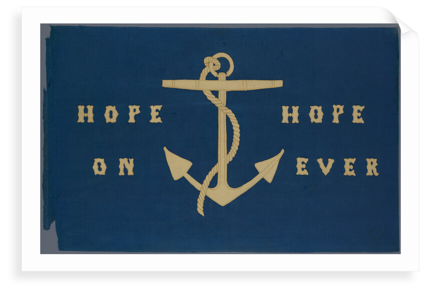 Sledge flag with anchor design and embroidered 'Hope On' 'Hope Ever' by Lady Jane Franklin