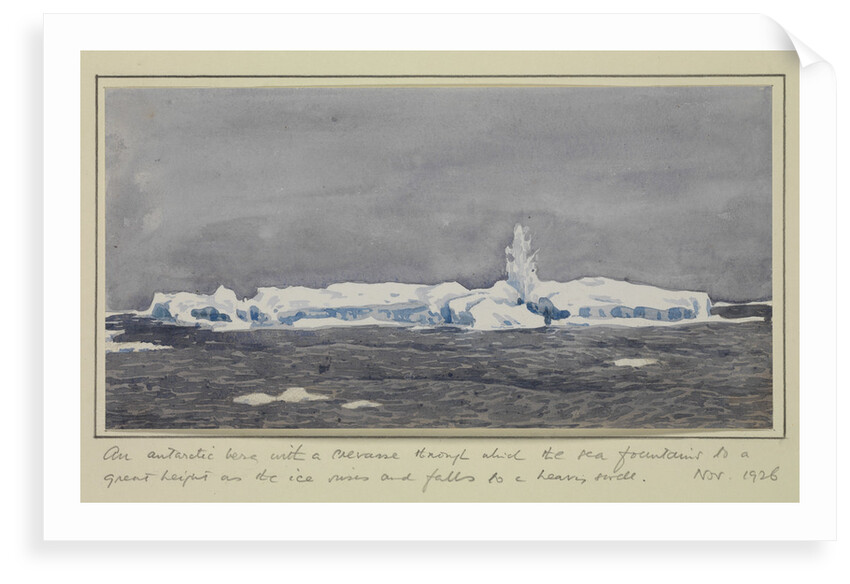 An antarctic berg with a crevasse through which the sea fountains to a great height as the ice rises and falls to a heavy swell, Nov 1926 by Sir Alister Hardy