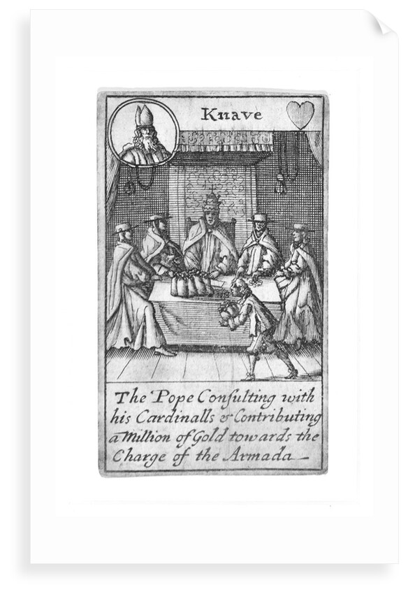 1588 Armada Playing Cards, Knave of Hearts. 'The Pope consulting with his Cardinalls & Contributing a Million of Gold towards the Charge of the Armada' by unknown