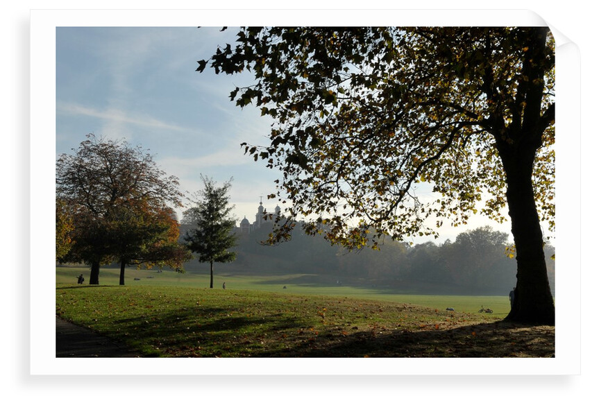 Autumnal image of the Royal Observatory Greenwich including Flamsteed House, Peter Harrison Planetarium & Altazimuth Pavilion in the park by National Maritime Museum
