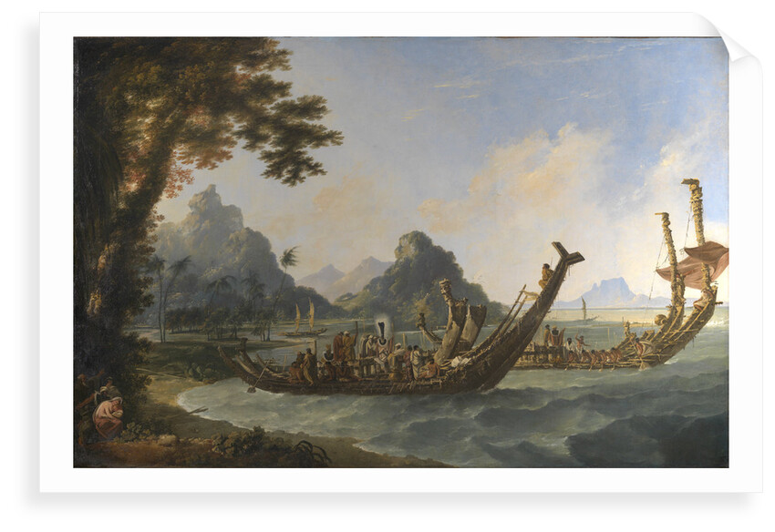 The war boats of the island of Otaheite (Tahiti) and the Society Isles, with a view of part of the harbour of Ohaneneno, in the island of Ulieta, one of the Society iIslands by William Hodges