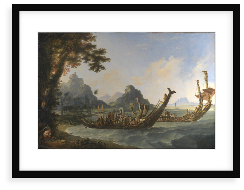 The war boats of the island of Otaheite (Tahiti) and the Society Isles, with a view of part of the harbour of Ohaneneno, in the island of Ulieta, one of the Society iIslands by William Hodges