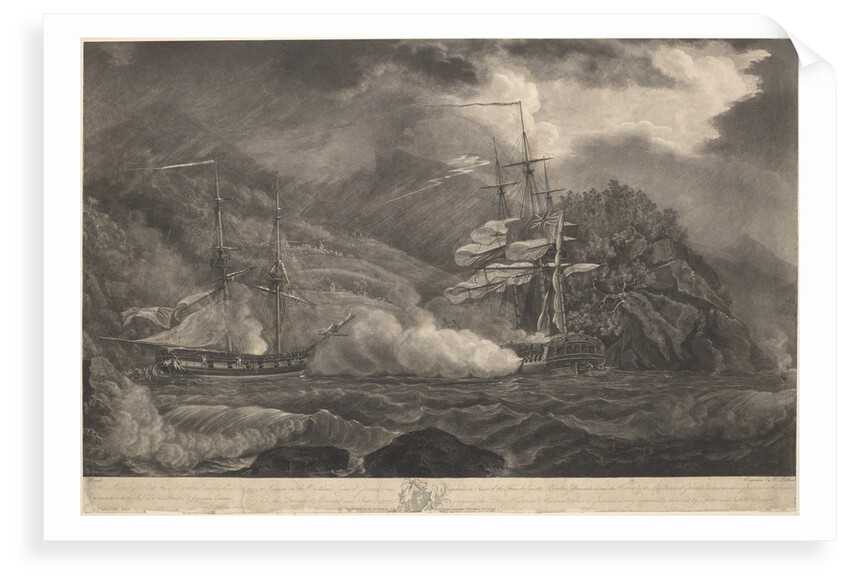 His Majesty's Ship the Mermaid on the 10th of Octr 1795, at Requin.... Grenada, run aground in Chase of the French Corvette Brutus.. to prevent the landing Ammunition by Nicholas Pocock; Robert Pollard; William Faden