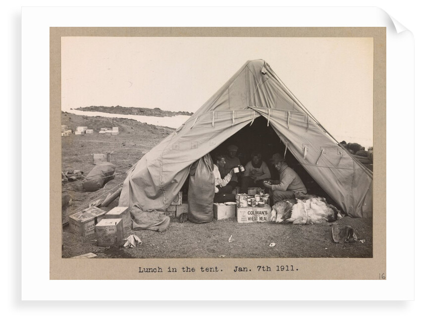 Four expedition members having lunch in a tent by Herbert George Ponting