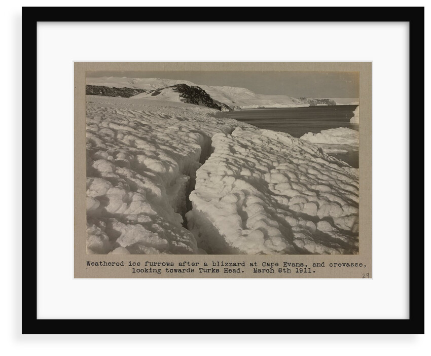 Weathered ice after blizzard at Cape Evans, and crevasse, looking towards Turks Head. by Herbert George Ponting