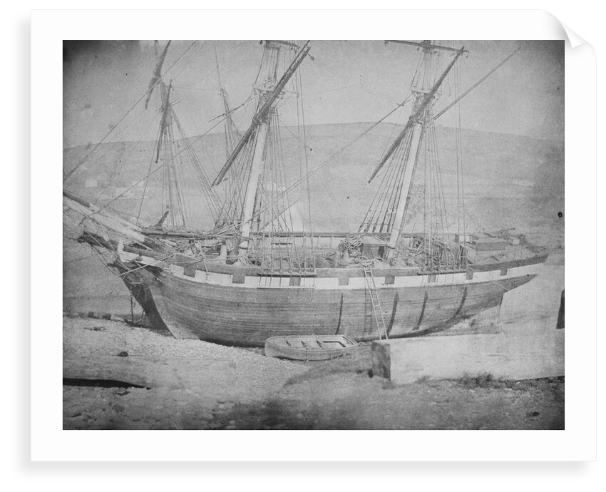 A brigantine and brig grounded with lines ashore. Inversed digital file to create b&w positive by Calvert Richard Jones