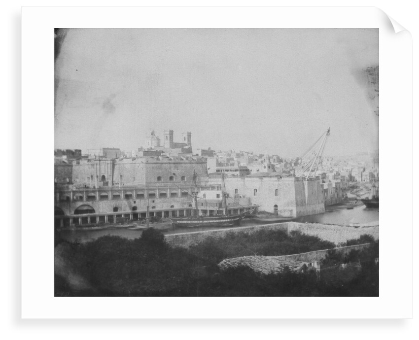 View across to Senglea with the Sheer Bastion on the right. Inversed digital file to create b&w positive by Calvert Richard Jones