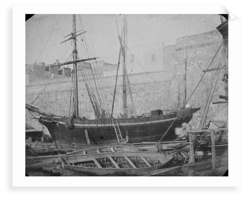 Maltese sailing vessel shore, possibly under repair. Inversed digital file to create b&w positive by Calvert Richard Jones