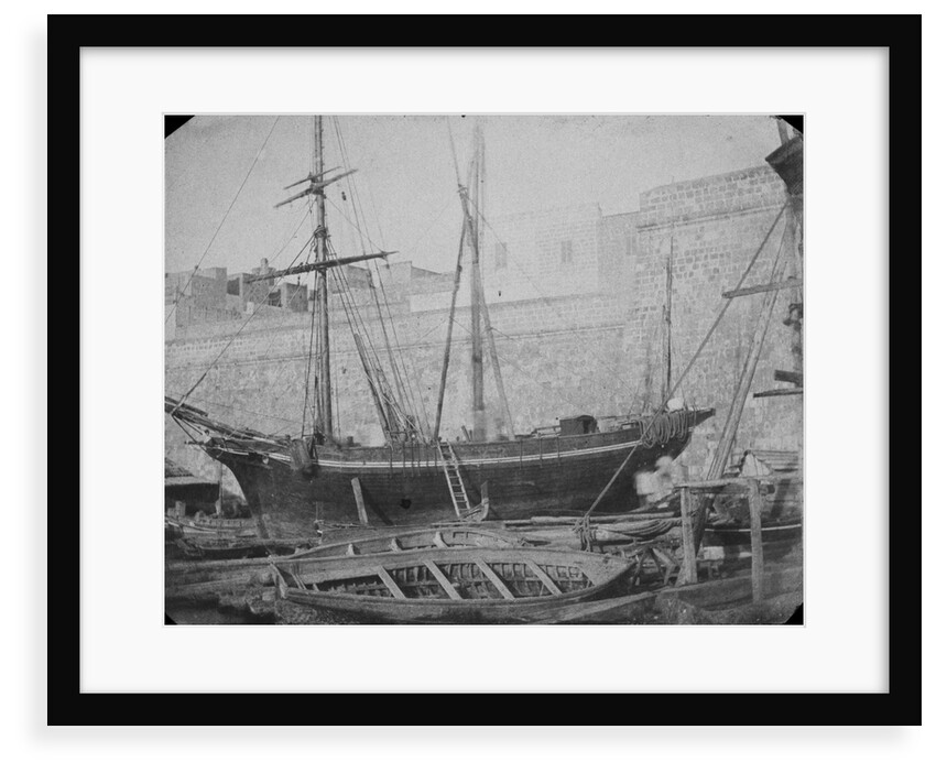 Maltese sailing vessel shore, possibly under repair. Inversed digital file to create b&w positive by Calvert Richard Jones