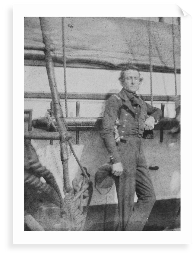An unidentifed naval officer(?) standing by the belaying pin rail on the port side of the 80-gun three-decker HMS 'Superb' (1842). Inversed digital file to create b&w positive by William Henry Fox Talbot; Nicolaas Henneman