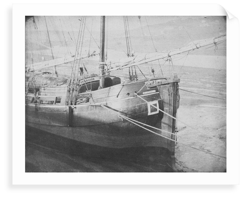 Port quarter view of the Dutch barge 'Aurora', dried out, possibly at Swansea. Inversed digital file to create b&w positive by Calvert Richard Jones