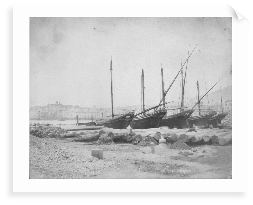 A view of Naples from the east with lateen-rigged ships drawn up on the shore. Inversed digital file to create b&w positive by Calvert Richard Jones