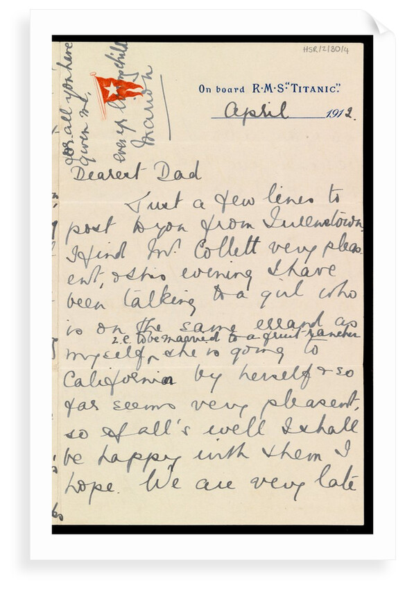 Letter from Marion Wright to her father, written onboard 'Titanic' on RMS 'TITANIC' headed paper by Marion Wright