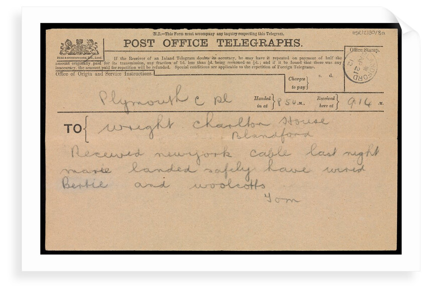 Telegram to Marion Woolcott's father, stating she had landed safely in New York following the 'Titanic' disaster by Marion Wright