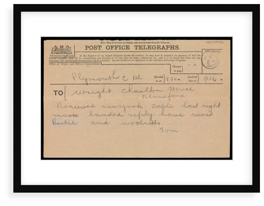 Telegram to Marion Woolcott's father, stating she had landed safely in New York following the 'Titanic' disaster by Marion Wright