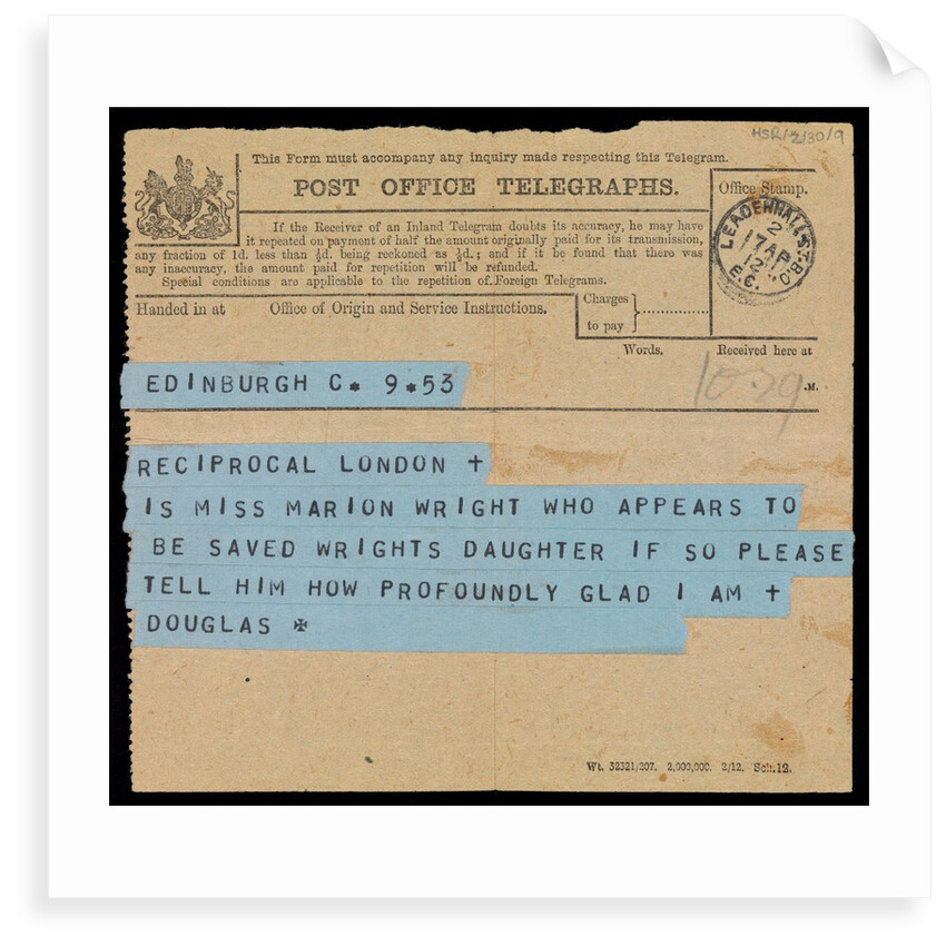 Telegram addressed to Marion's father, hopes Marion Wright listed as saved from 'Titanic' is their daughter by Marion Wright