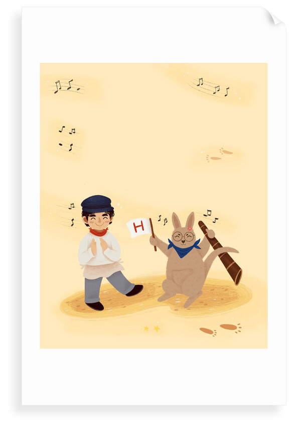 Children's book "At Sea Without Tea - The Great Cutty Sark Adventure": Ozzie (Oz) Kangaroo and James Robson singing and hopping around. by Giulia Casarotto