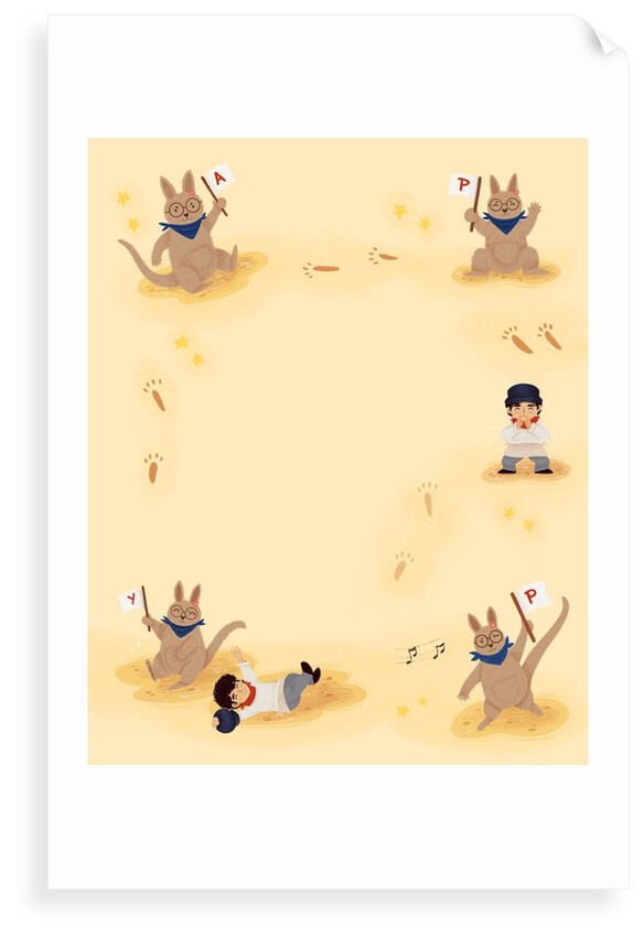 Children's book "At Sea Without Tea - The Great Cutty Sark Adventure": Ozzie (Oz) Kangaroo and James Robson singing and hopping around. by Giulia Casarotto