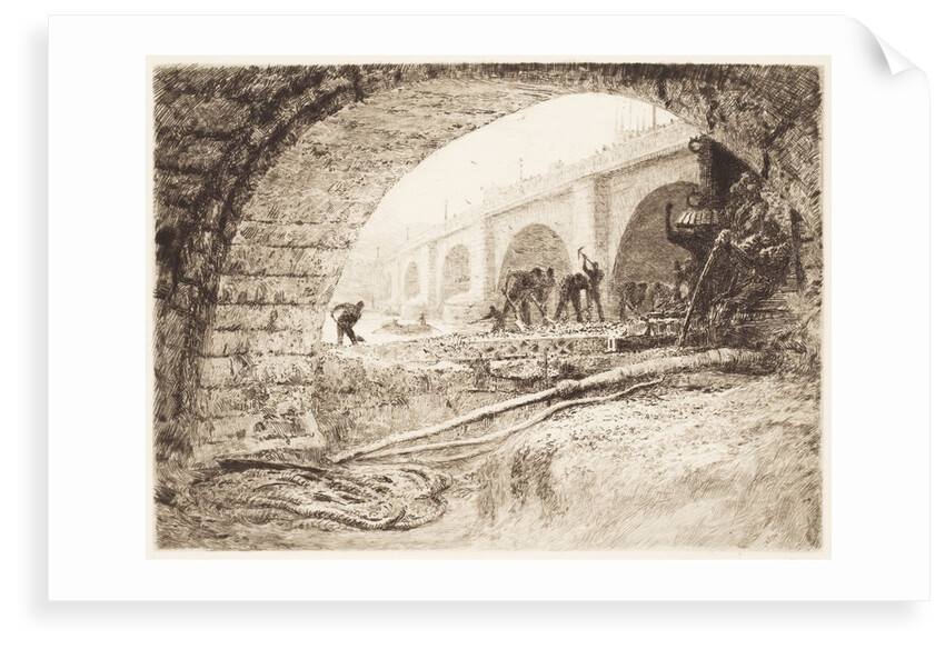 London Bridge, and tip of tower of Southwark Cathedral, from north bank of River Thames (site of Adelaide House) with workmen under archway by Unknown