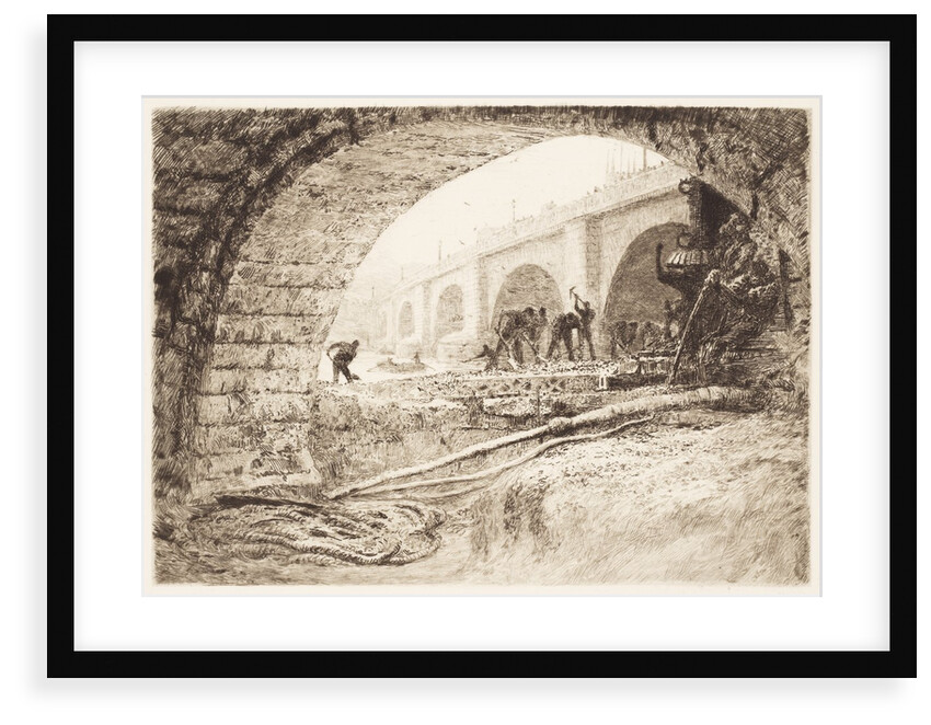 London Bridge, and tip of tower of Southwark Cathedral, from north bank of River Thames (site of Adelaide House) with workmen under archway by Unknown