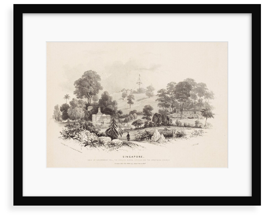 Singapore, view of Government Hill, the English burial ground and the Armenian church,First illustration in pamphlet Six views of Singapore and Macao from drawings made on the spot in 1840 by 