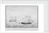 A view of the prize ship 'Orion' and the 'Margarite' and 'Ann' just at the moment her foremast caught fire xixteen leagues southward of the island of Iceland, circa 1808 by Jorgen Jorgensen