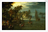 A busy river scene with Dutch vessels and a ferry by Jan Brueghel the Elder