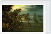 A busy river scene with Dutch vessels and a ferry by Jan Brueghel the Elder