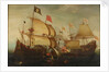 An English and a Dutch ship attacking a Spaniard by Aert Anthonisz