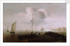 A fishing boat with sail lowered near the shore by Hans Goderis