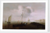A fishing boat with sail lowered near the shore by Hans Goderis