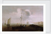 A fishing boat with sail lowered near the shore by Hans Goderis