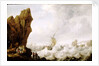 A fishing boat in rough sea off a rocky shore by Julius Porcellis