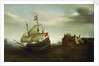 A castle with a Dutch ship sailing nearby by Hendrick Cornelisz Vroom