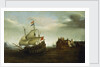 A castle with a Dutch ship sailing nearby by Hendrick Cornelisz Vroom