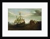 A castle with a Dutch ship sailing nearby by Hendrick Cornelisz Vroom