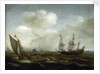 A Dutch ship and fishing boat in a fresh breeze by Hendrick Cornelisz Vroom