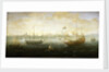 A Dutch and English ship off a harbour by Abraham de Verwer