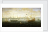 A Dutch and English ship off a harbour by Abraham de Verwer
