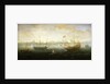 A Dutch and English ship off a harbour by Abraham de Verwer