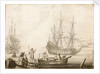 Men in a boat near two Dutch ships by Experiens Sillemans