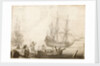 Men in a boat near two Dutch ships by Experiens Sillemans