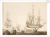 Men in a boat near two Dutch ships by Experiens Sillemans