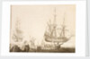 Men in a boat near two Dutch ships by Experiens Sillemans