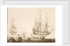 Men in a boat near two Dutch ships by Experiens Sillemans