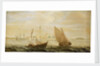 A yacht and a small vessel underway off a Dutch harbour by Cornelisz Verbeecq