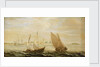A yacht and a small vessel underway off a Dutch harbour by Cornelisz Verbeecq